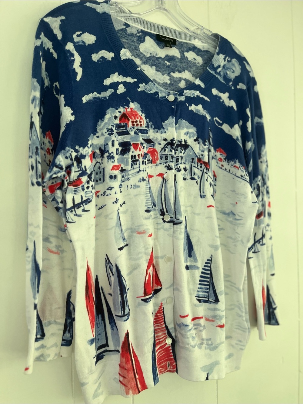 TALBOTS Sailboat Regatta Cotton Cardigan Size Large  Nautical - Picture 3 of 13